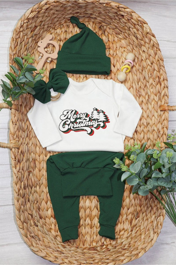 Merry Christmas Neutral Baby Onesie and Long Pants Set | Retro Christmas Bodysuit - Cute Winter Baby Onesie - BabiChic