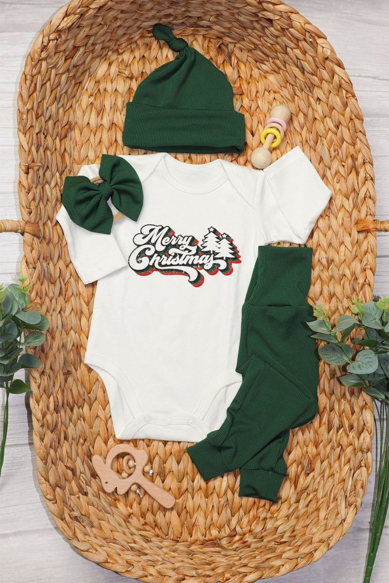 Merry Christmas Neutral Baby Onesie and Long Pants Set | Retro Christmas Bodysuit - Cute Winter Baby Onesie - BabiChic