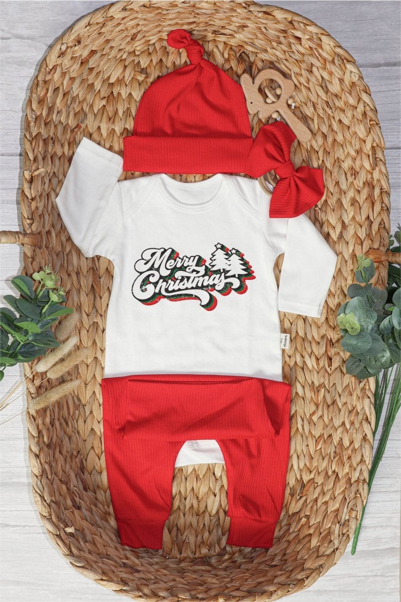 Merry Christmas Neutral Baby Onesie and Red Long Pants Set | Retro Christmas Bodysuit - Cute Winter Baby Onesie - BabiChic