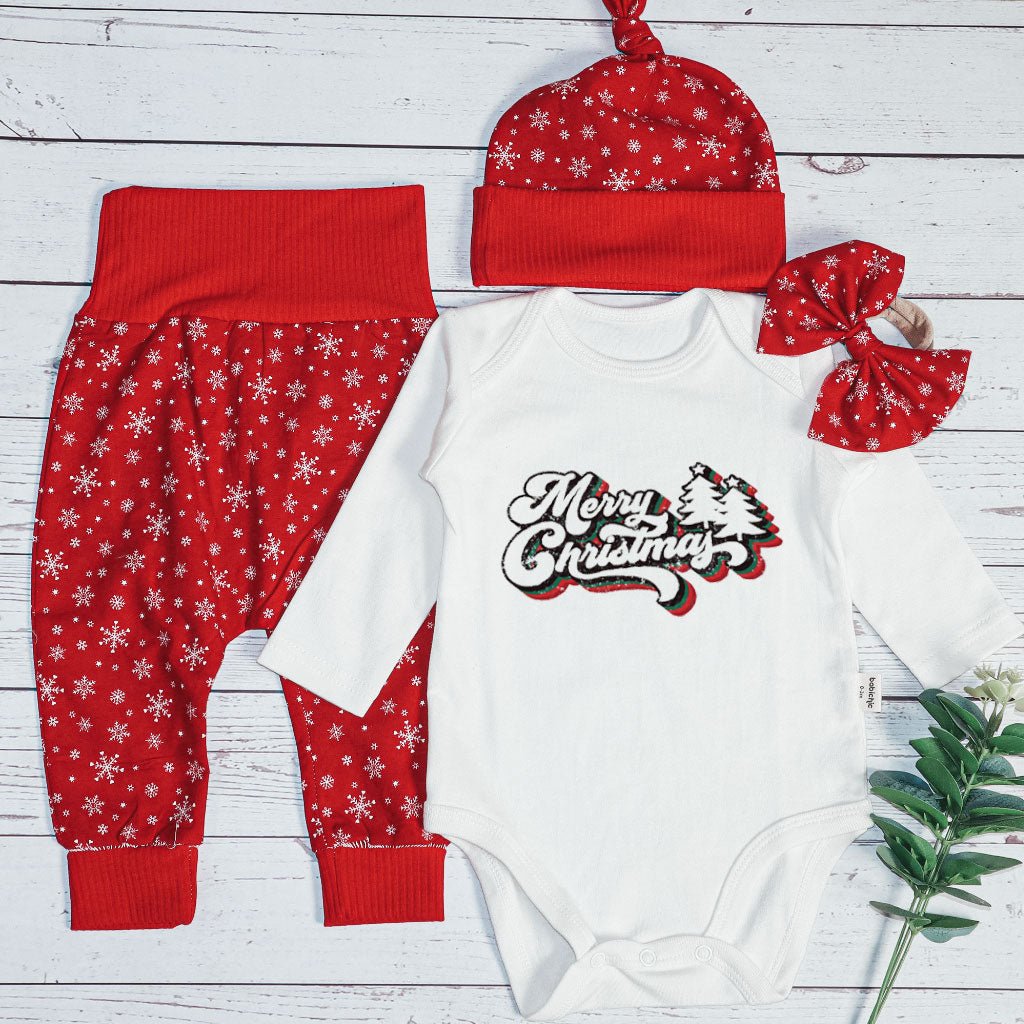 Merry Christmas Neutral Baby Onesie and Red Long Pants Set | Retro Christmas Bodysuit - Cute Winter Baby Onesie - BabiChic