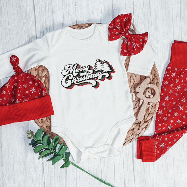 Merry Christmas Neutral Baby Onesie and Red Long Pants Set | Retro Christmas Bodysuit - Cute Winter Baby Onesie - BabiChic