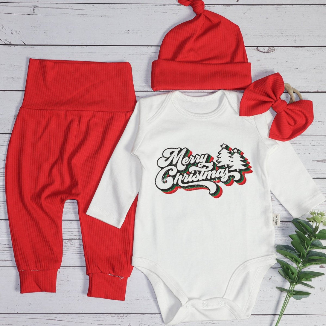 Merry Christmas Neutral Baby Onesie and Red Long Pants Set | Retro Christmas Bodysuit - Cute Winter Baby Onesie - BabiChic