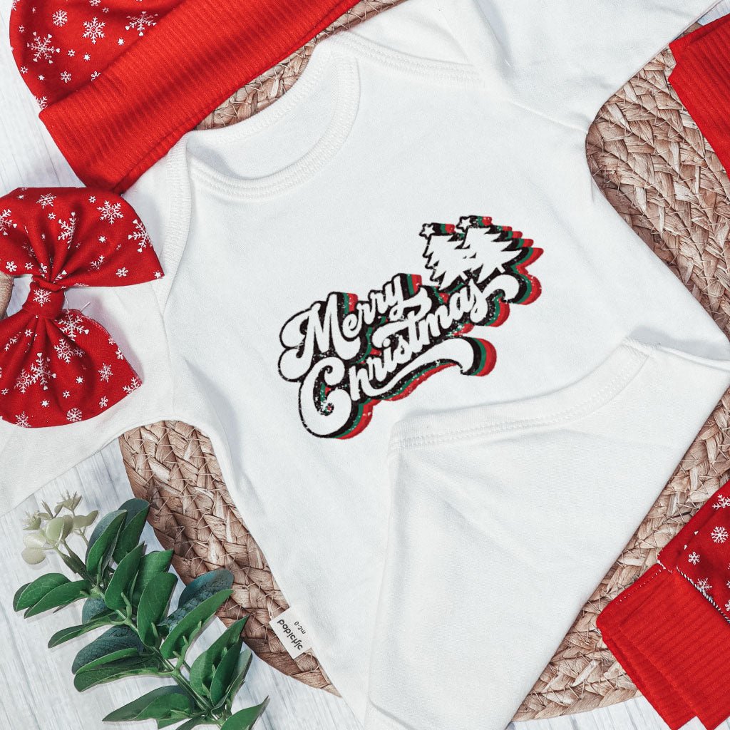 Merry Christmas Neutral Baby Onesie and Red Long Pants Set | Retro Christmas Bodysuit - Cute Winter Baby Onesie - BabiChic