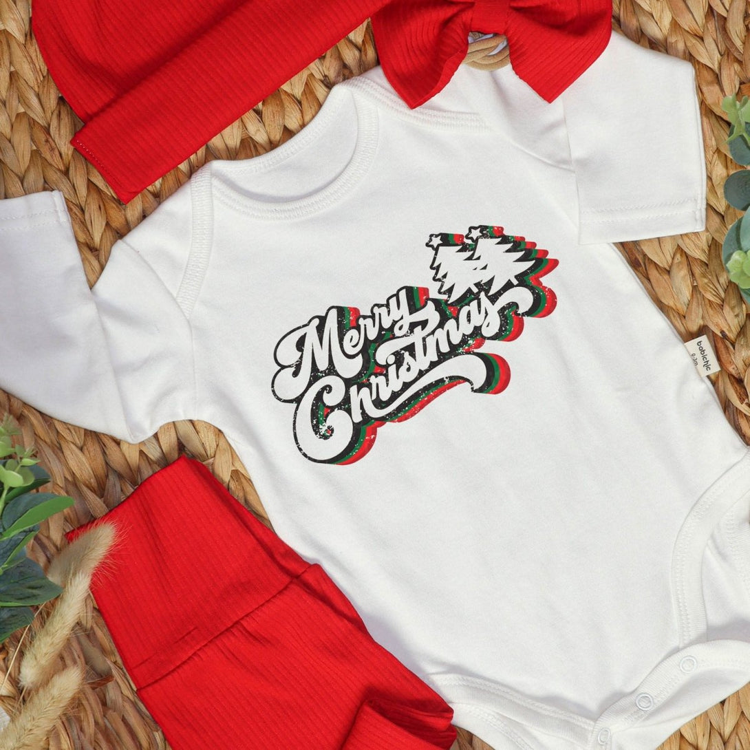 Merry Christmas Neutral Baby Onesie and Red Long Pants Set | Retro Christmas Bodysuit - Cute Winter Baby Onesie - BabiChic