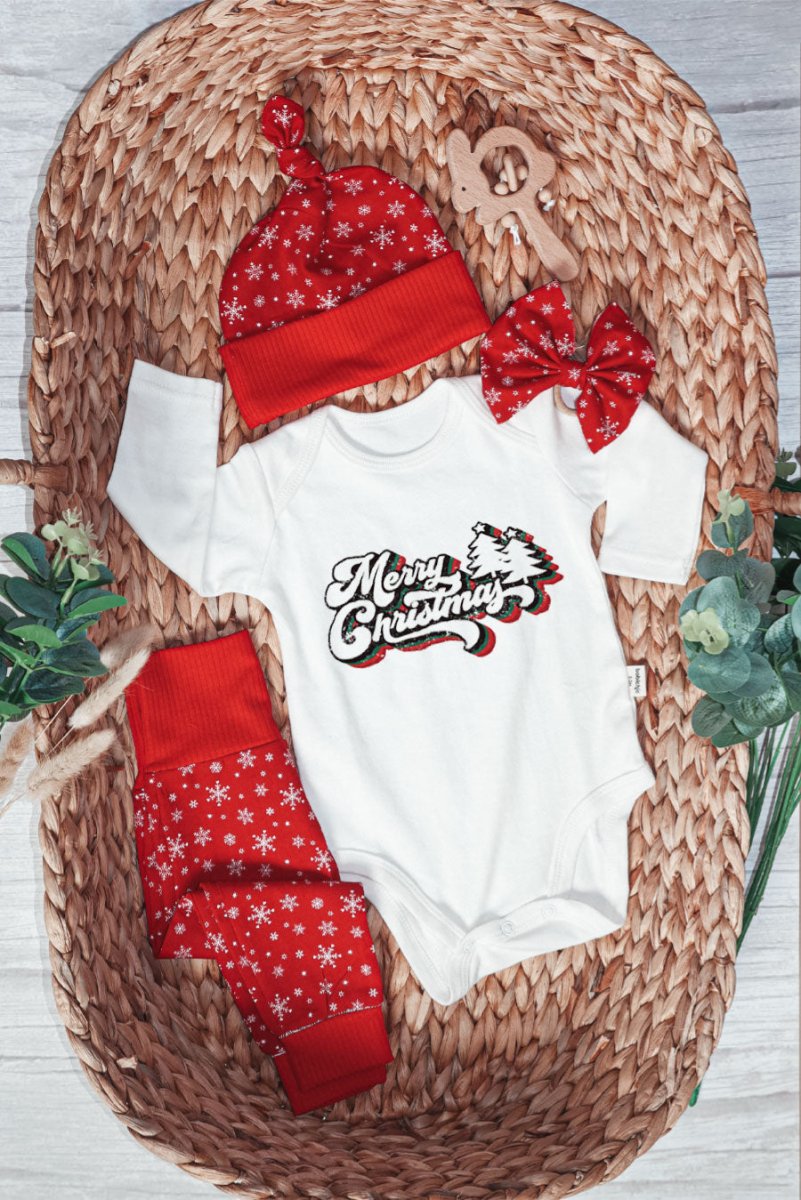 Merry Christmas Neutral Baby Onesie and Red Long Pants Set | Retro Christmas Bodysuit - Cute Winter Baby Onesie - BabiChic