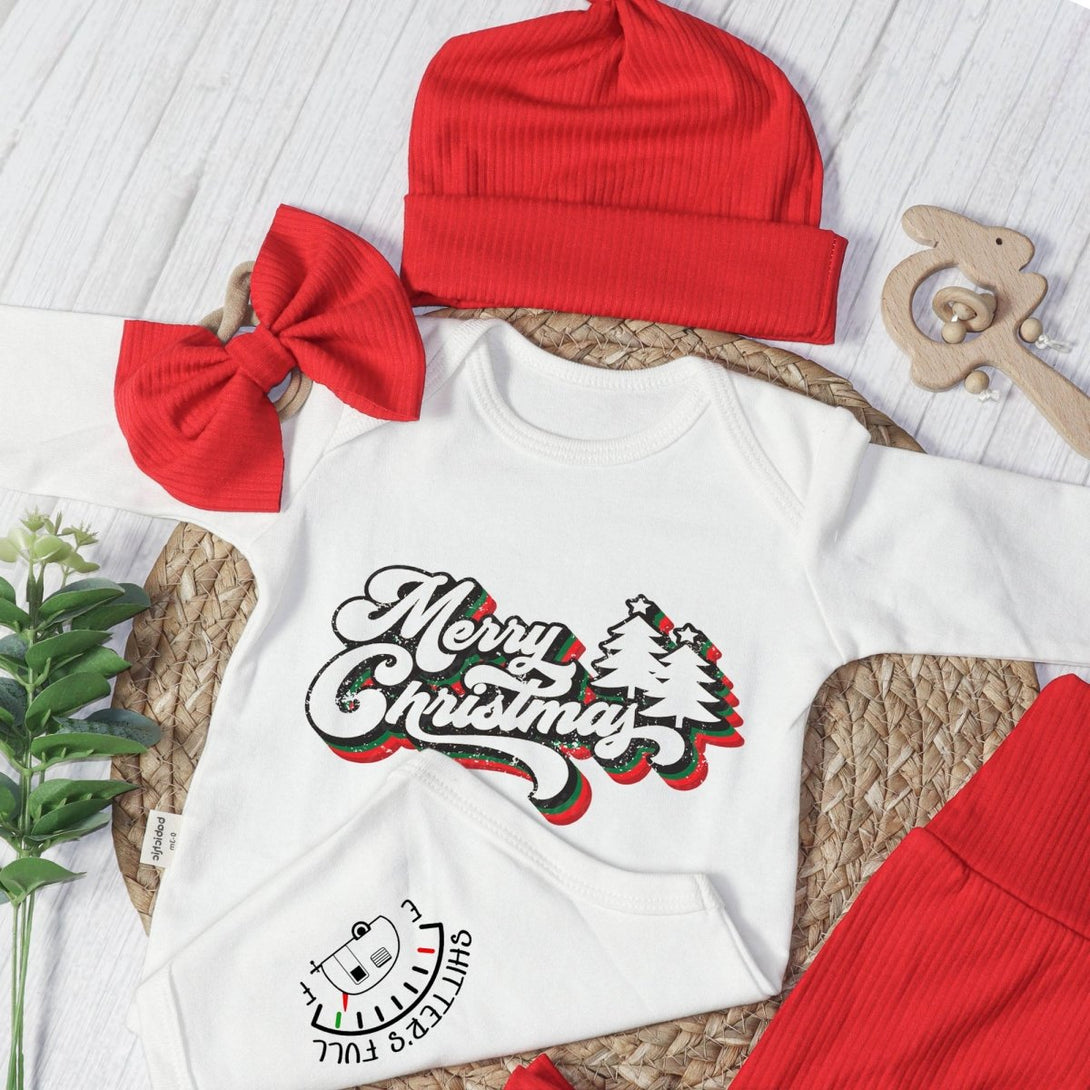 Merry Christmas Neutral Baby Onesie and Red Long Pants Set | Retro Christmas Bodysuit - Cute Winter Baby Onesie - BabiChic