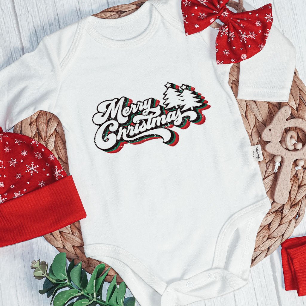 Merry Christmas Neutral Baby Onesie and Red Long Pants Set | Retro Christmas Bodysuit - Cute Winter Baby Onesie - BabiChic