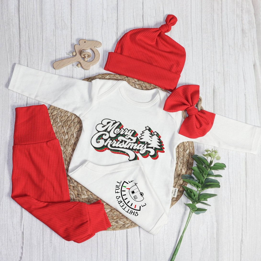 Merry Christmas Neutral Baby Onesie and Red Long Pants Set | Retro Christmas Bodysuit - Cute Winter Baby Onesie - BabiChic