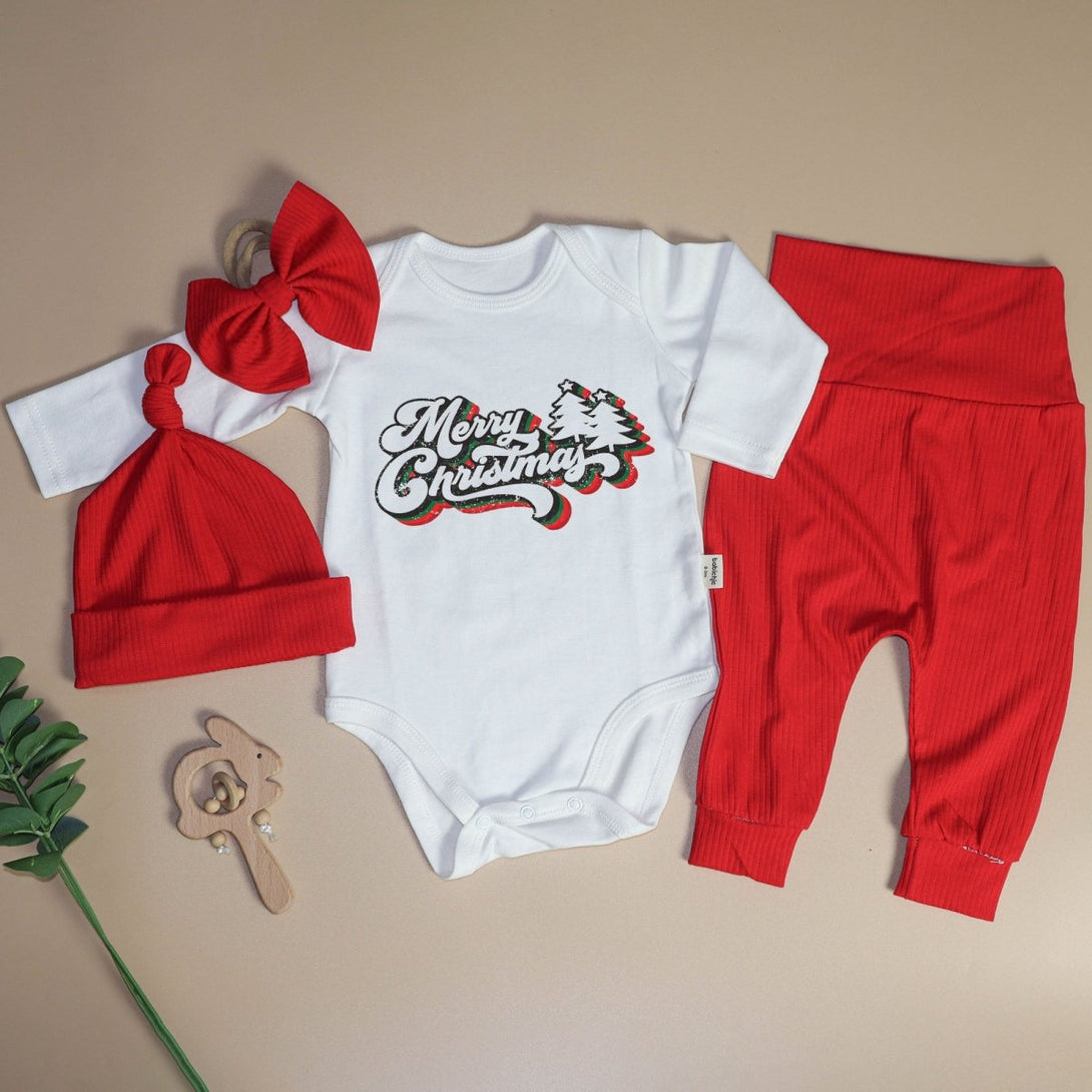 Merry Christmas Neutral Baby Onesie and Red Long Pants Set | Retro Christmas Bodysuit - Cute Winter Baby Onesie - BabiChic