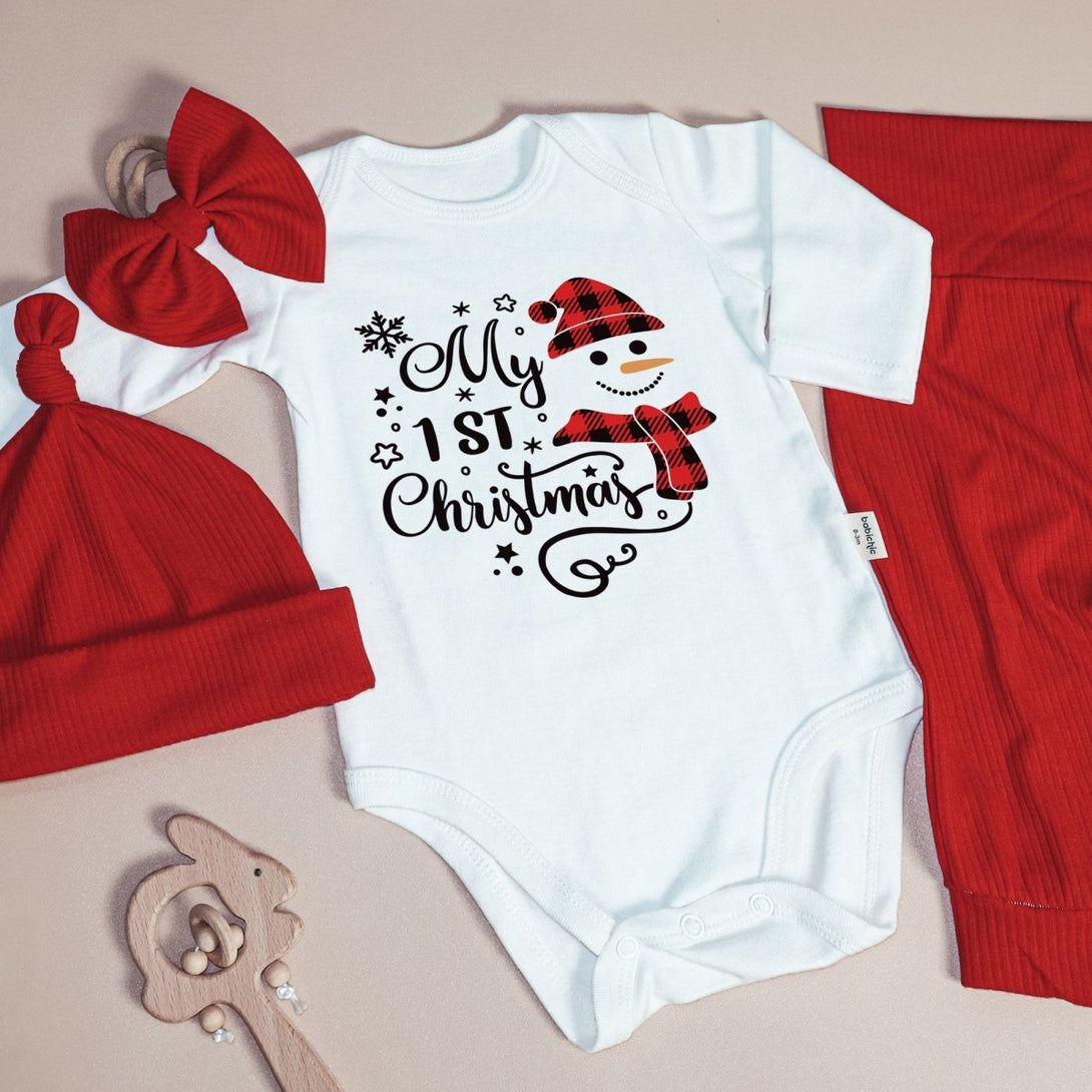 My 1st Christmas Baby Onesie and Long Pants Set | Cute Snowman Christmas Bodysuit - BabiChic