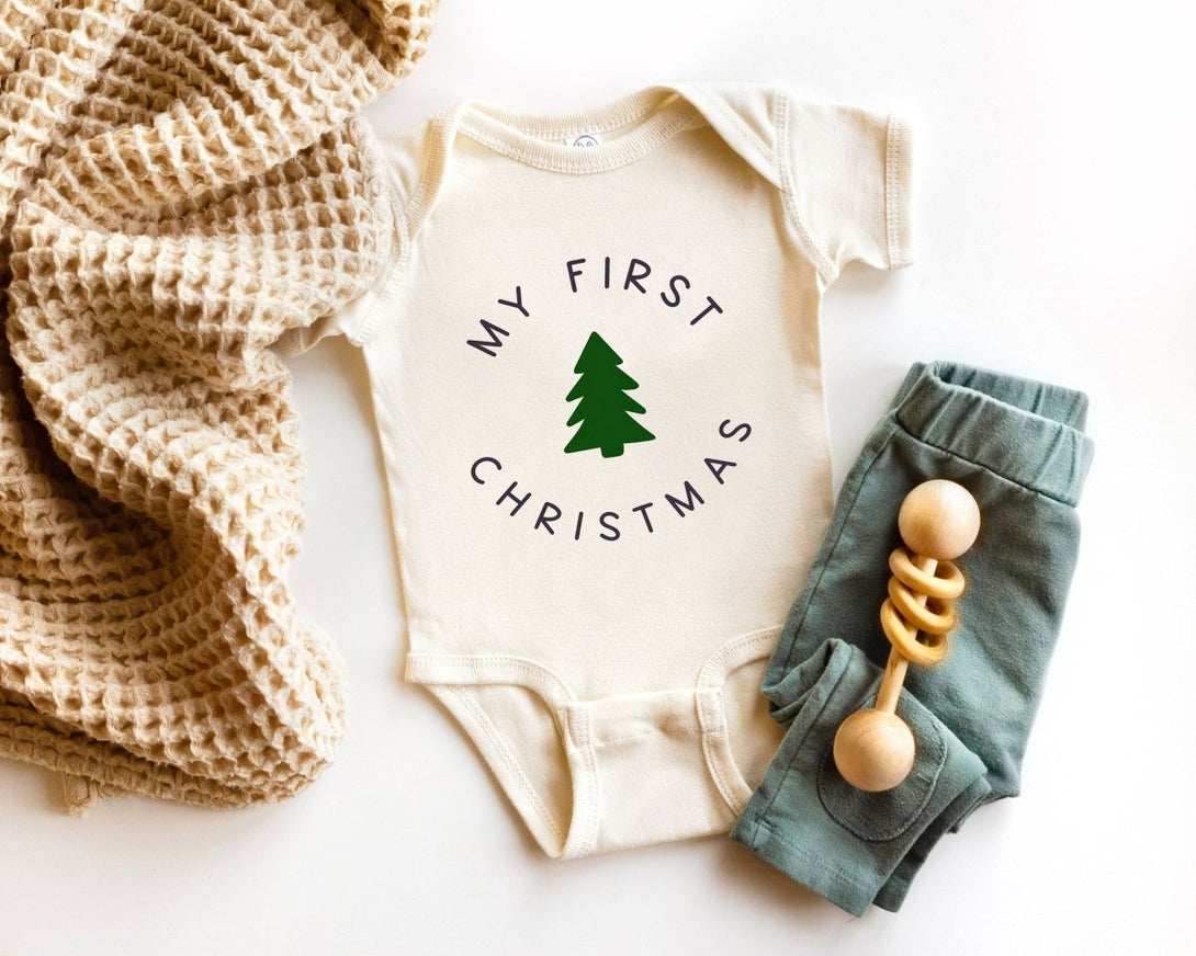 My First Christmas Baby Long Sleeve Onesie - Cute Modern Christmas Baby Onesie - Natural Christmas Bodysuit - BabiChic