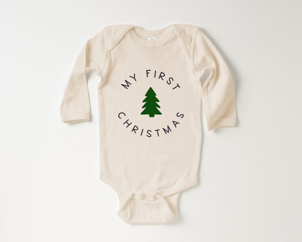 My First Christmas Baby Long Sleeve Onesie - Cute Modern Christmas Baby Onesie - Natural Christmas Bodysuit - BabiChic