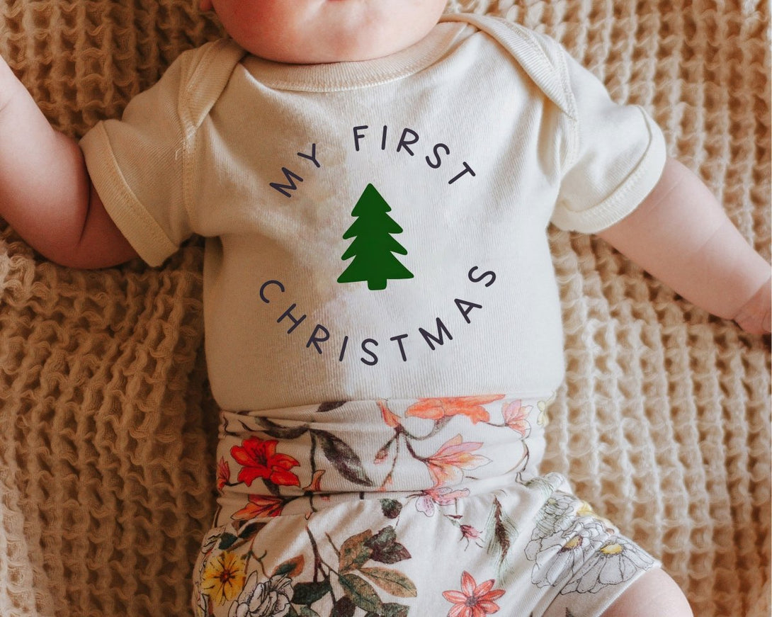 My First Christmas Baby Long Sleeve Onesie - Cute Modern Christmas Baby Onesie - Natural Christmas Bodysuit - BabiChic