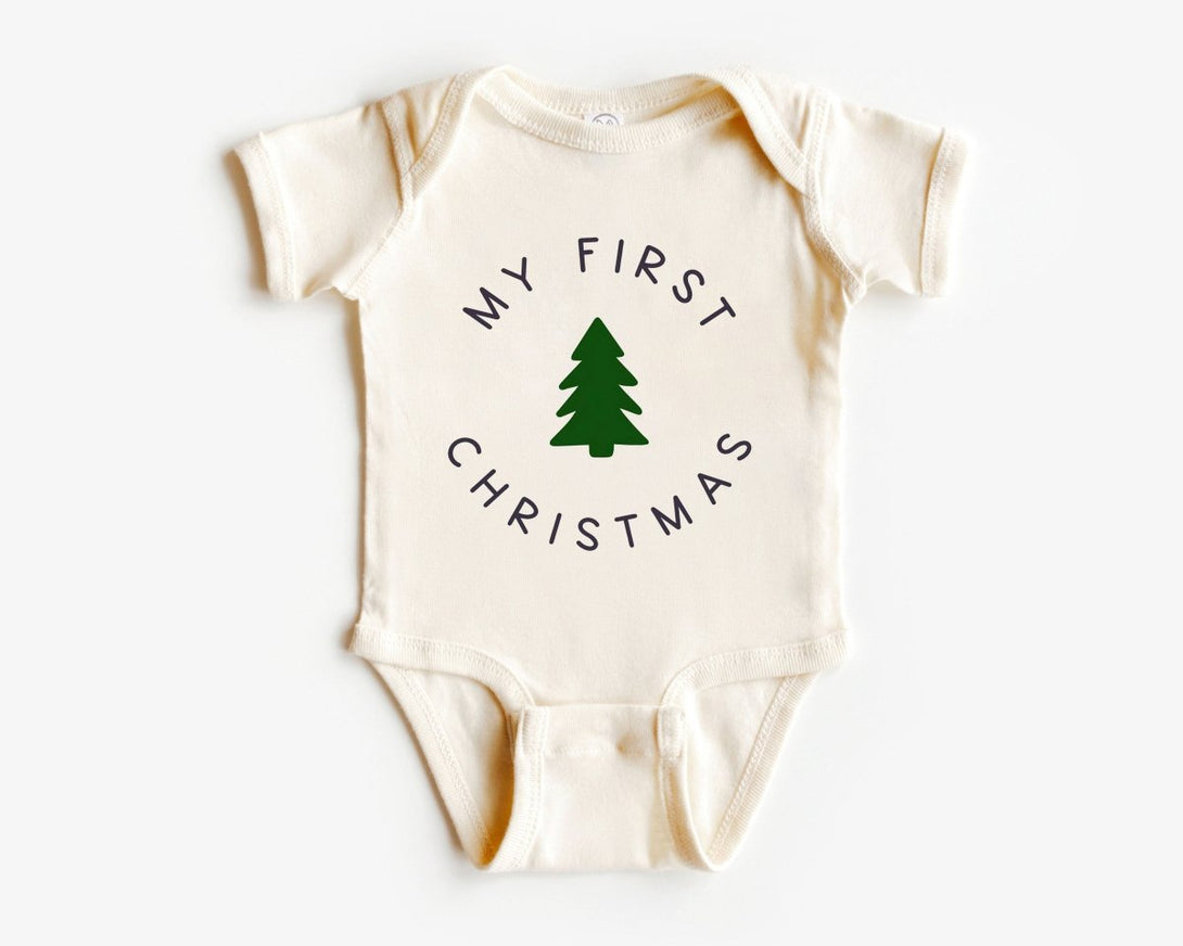 My First Christmas Baby Long Sleeve Onesie - Cute Modern Christmas Baby Onesie - Natural Christmas Bodysuit - BabiChic