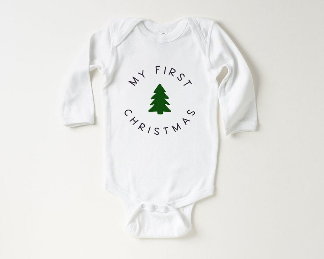 My First Christmas Baby Long Sleeve Onesie - Cute Modern Christmas Baby Onesie - Natural Christmas Bodysuit - BabiChic