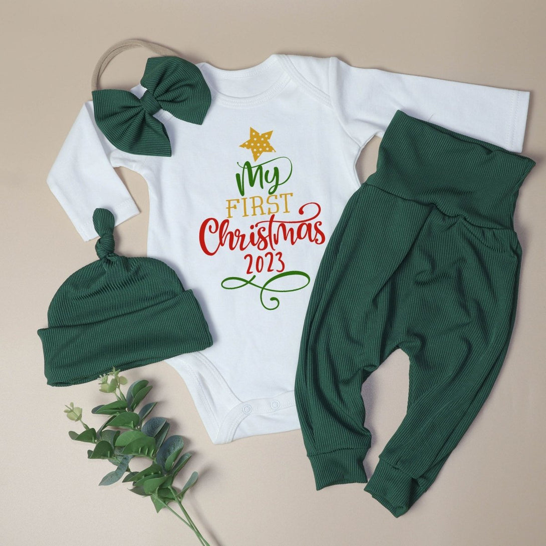 My First Christmas Baby Onesie and Long Pants Set | Cute Modern Christmas Bodysuit | Baby Christmas Outfit - BabiChic