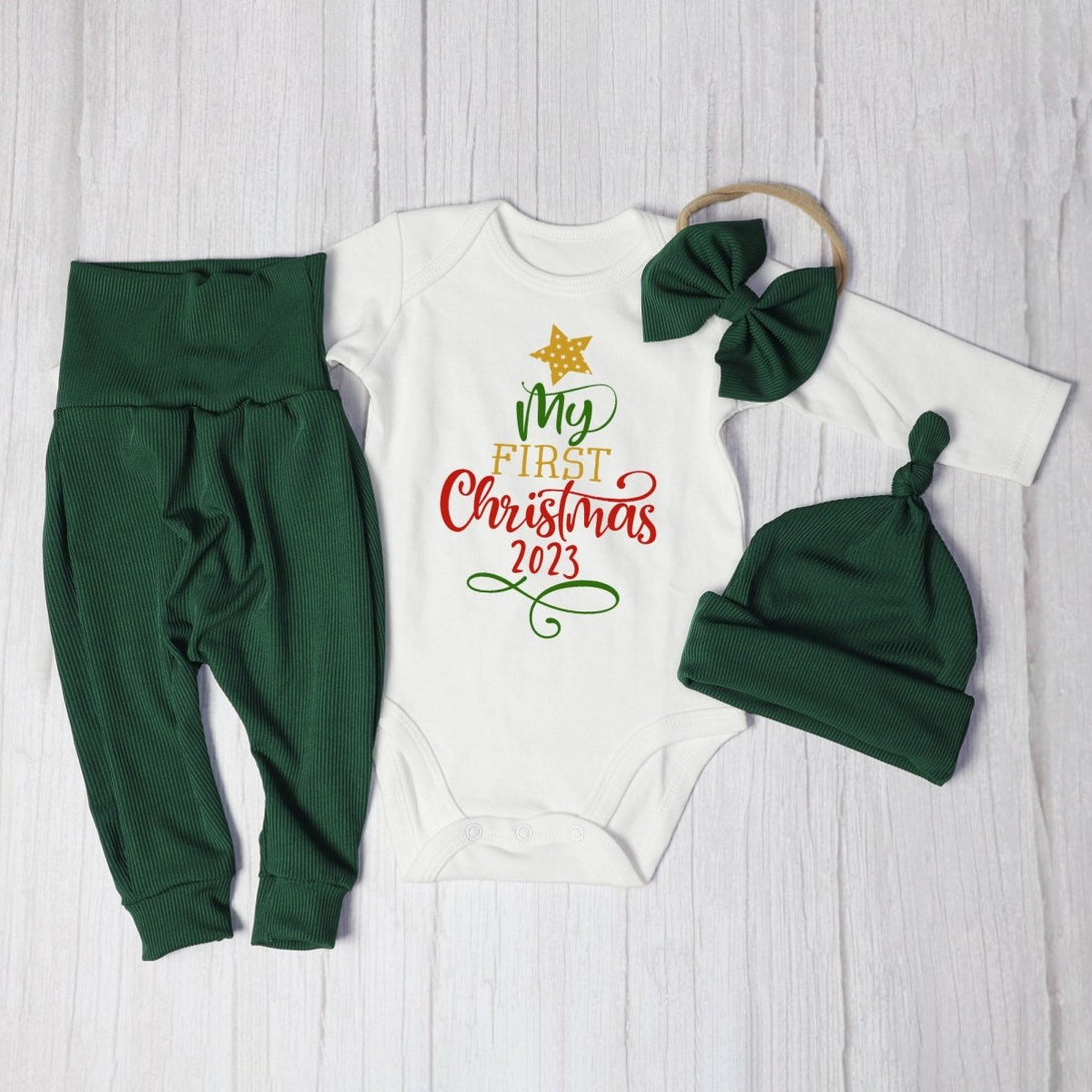 My First Christmas Baby Onesie and Long Pants Set | Cute Modern Christmas Bodysuit | Baby Christmas Outfit - BabiChic