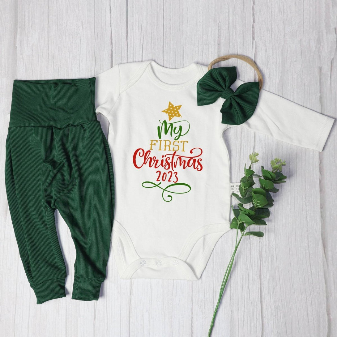 My First Christmas Baby Onesie and Long Pants Set | Cute Modern Christmas Bodysuit | Baby Christmas Outfit - BabiChic