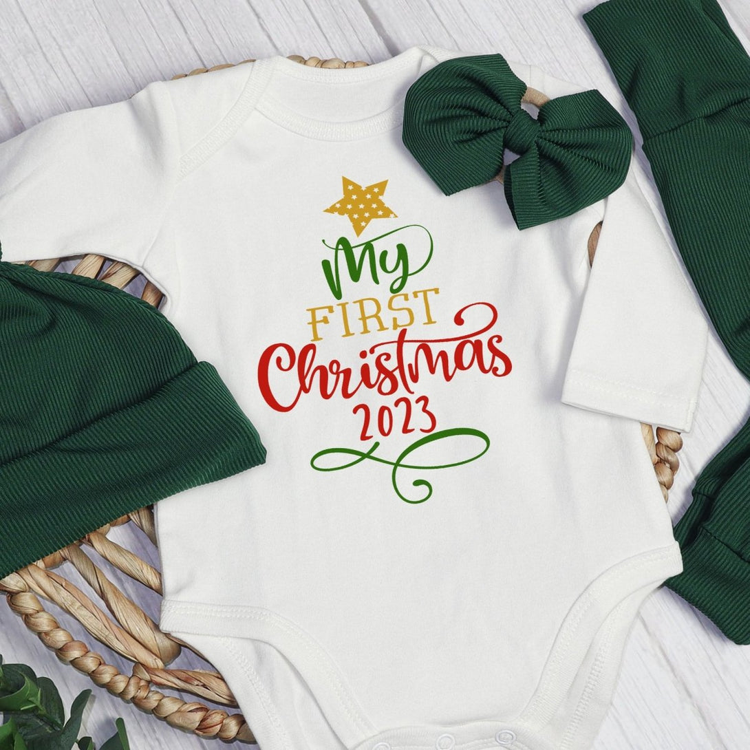 My First Christmas Baby Onesie and Long Pants Set | Cute Modern Christmas Bodysuit | Baby Christmas Outfit - BabiChic