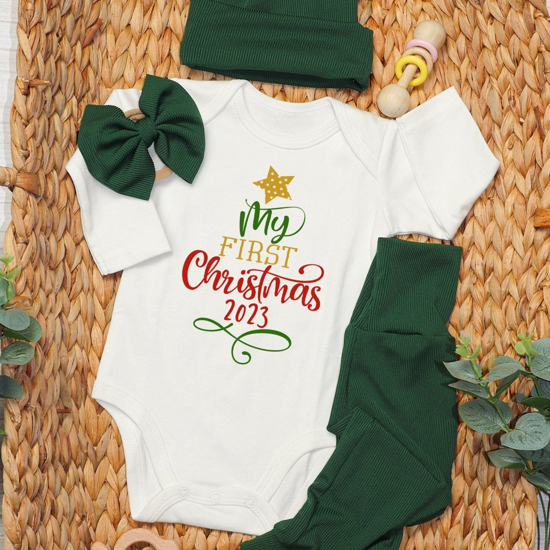 My First Christmas Baby Onesie and Long Pants Set | Cute Modern Christmas Bodysuit | Baby Christmas Outfit - BabiChic