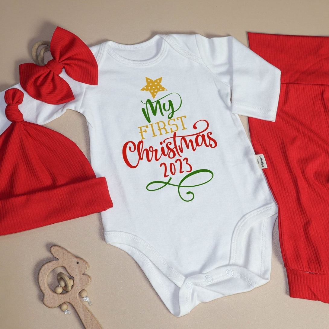 My First Christmas Baby Onesie and Long Pants Set | Cute Shitter's Full Christmas Bodysuit | Baby Christmas Outfit - BabiChic