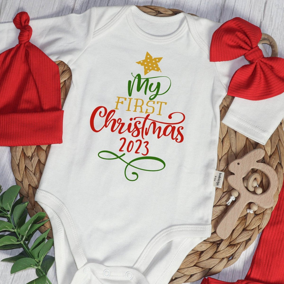 My First Christmas Baby Onesie and Long Pants Set | Cute Shitter's Full Christmas Bodysuit | Baby Christmas Outfit - BabiChic