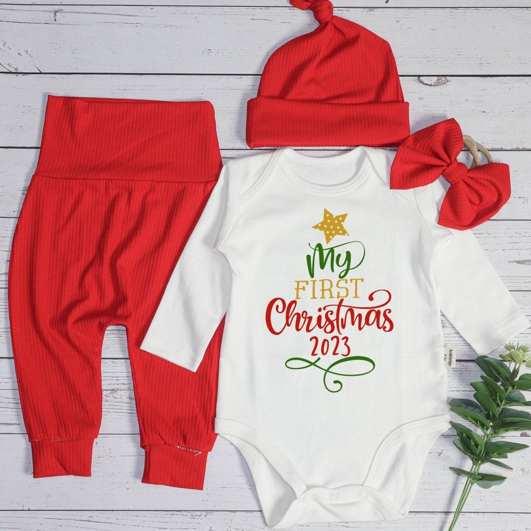 My First Christmas Baby Onesie and Long Pants Set | Cute Shitter's Full Christmas Bodysuit | Baby Christmas Outfit - BabiChic