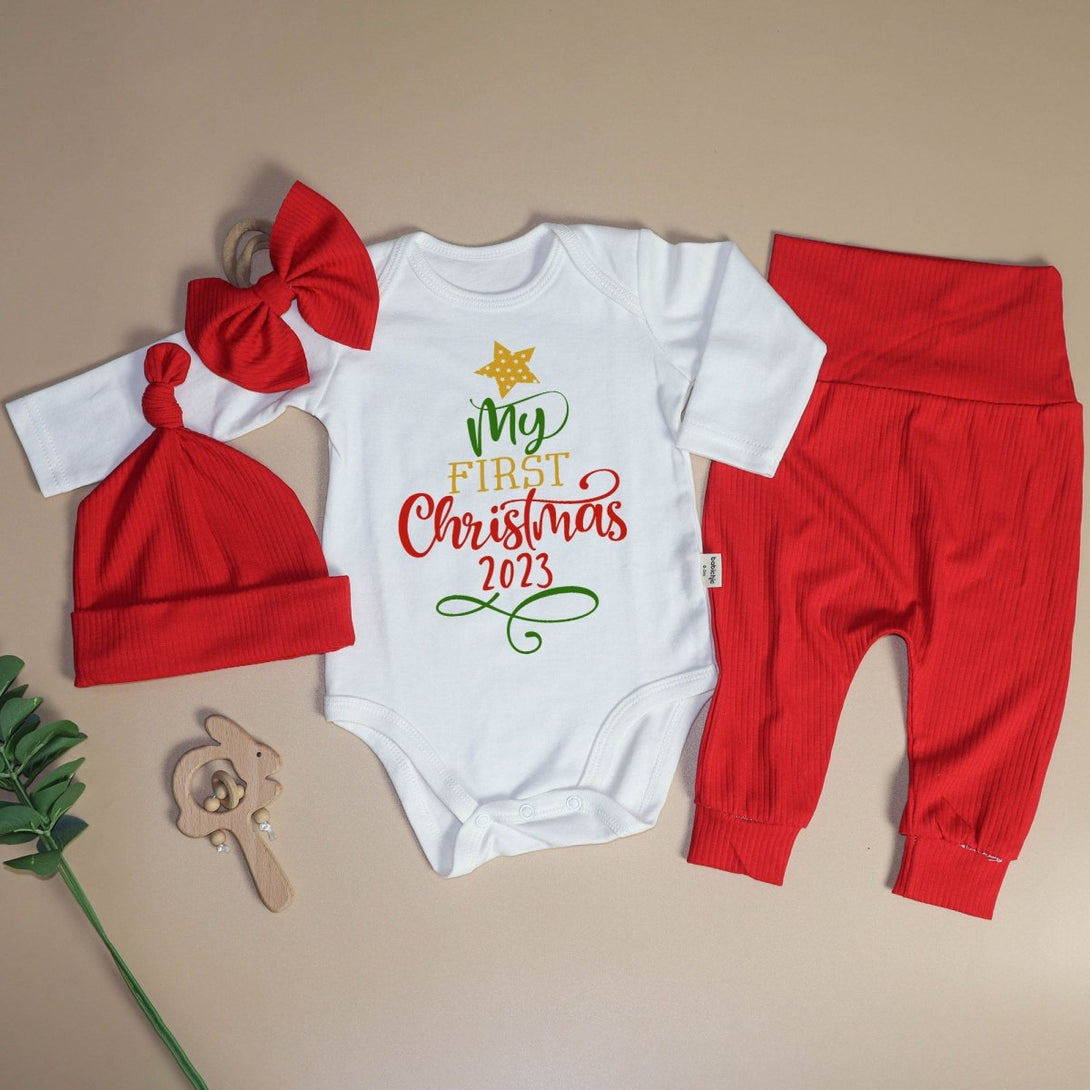 My First Christmas Baby Onesie and Long Pants Set | Cute Shitter's Full Christmas Bodysuit | Baby Christmas Outfit - BabiChic