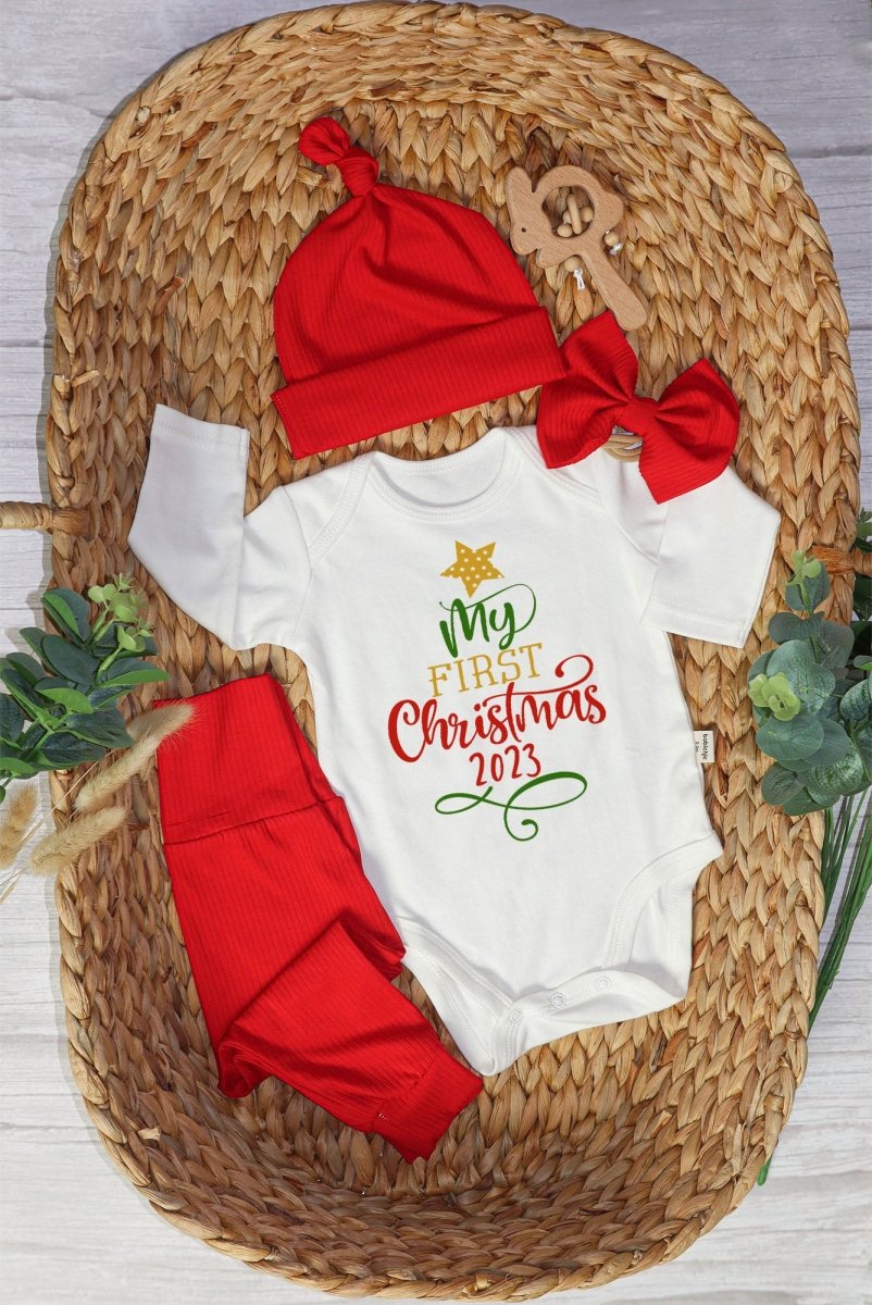 My First Christmas Baby Onesie and Long Pants Set | Cute Shitter's Full Christmas Bodysuit | Baby Christmas Outfit - BabiChic