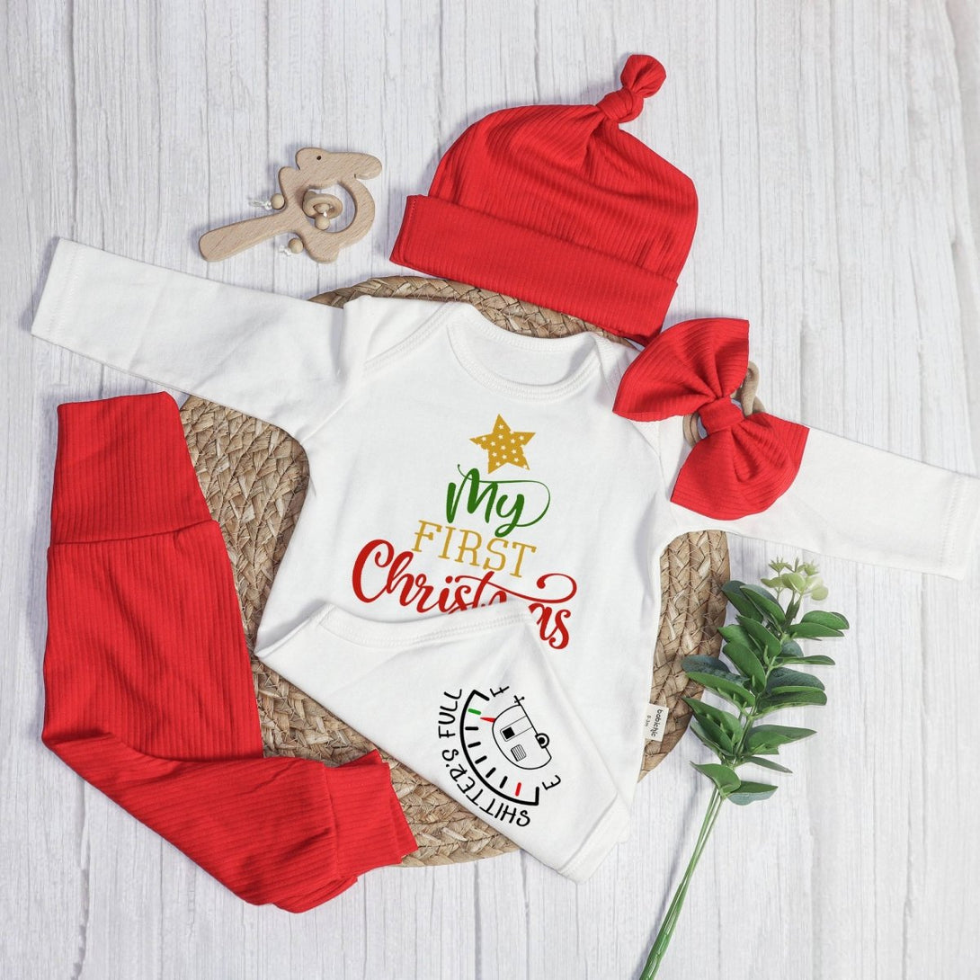 My First Christmas Baby Onesie and Long Pants Set | Cute Shitter's Full Christmas Bodysuit | Baby Christmas Outfit - BabiChic