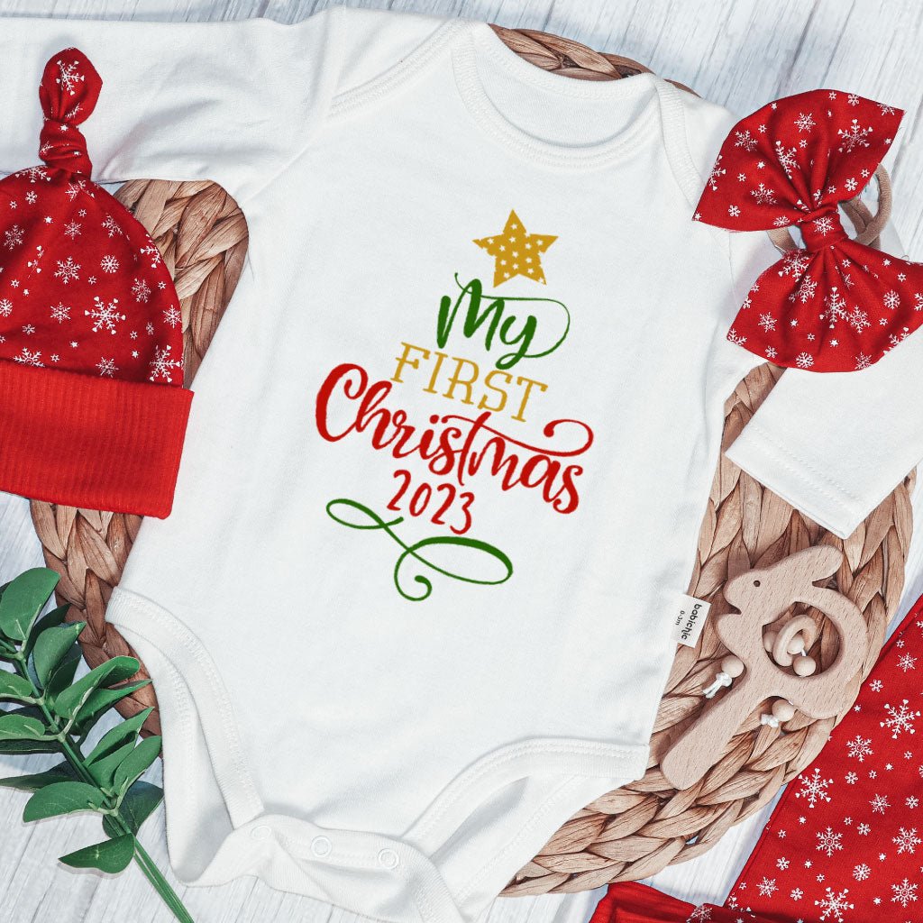 My First Christmas Long Sleeve Onesie | Custom Newborn Christmas Tree Outfit | Babies 1St Christmas Bodysuit - BabiChic