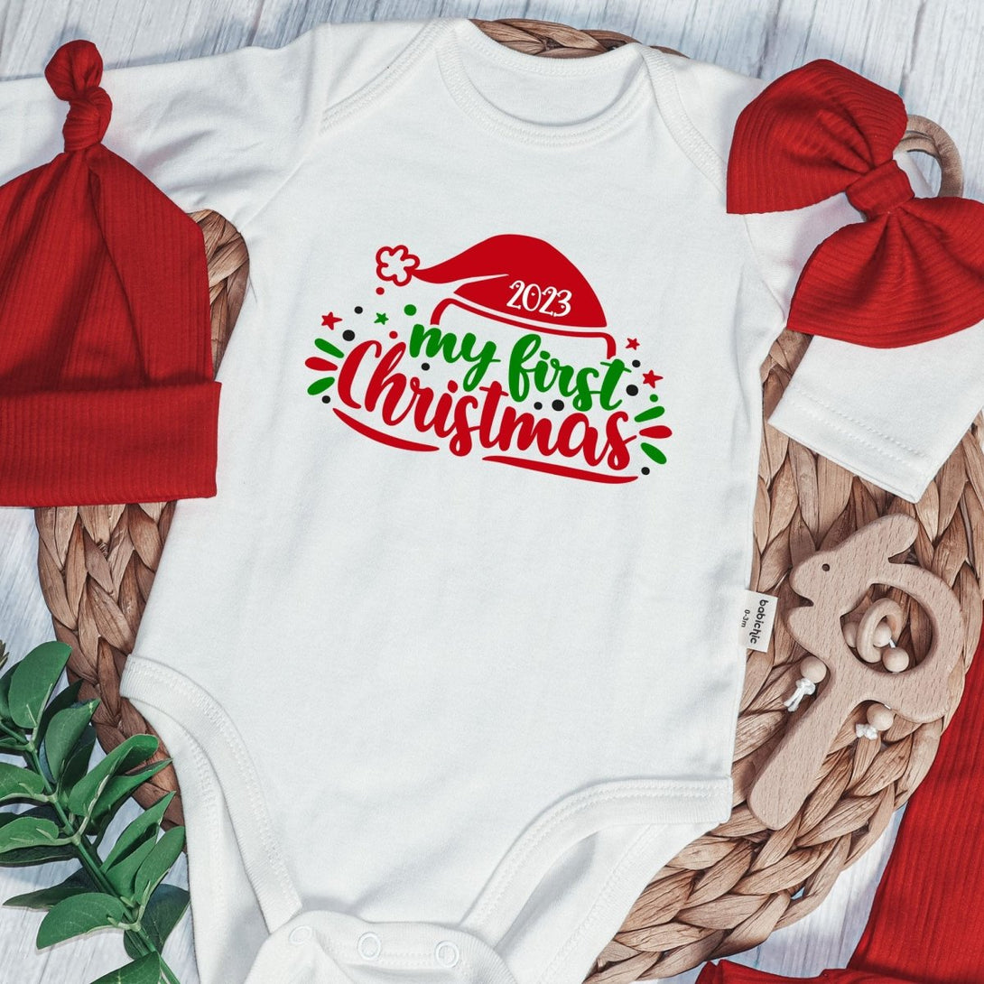 My First Christmas Neutral Baby Onesie and Long Pants Set | Cute Christmas Bodysuit | My First Baby Onesie - BabiChic