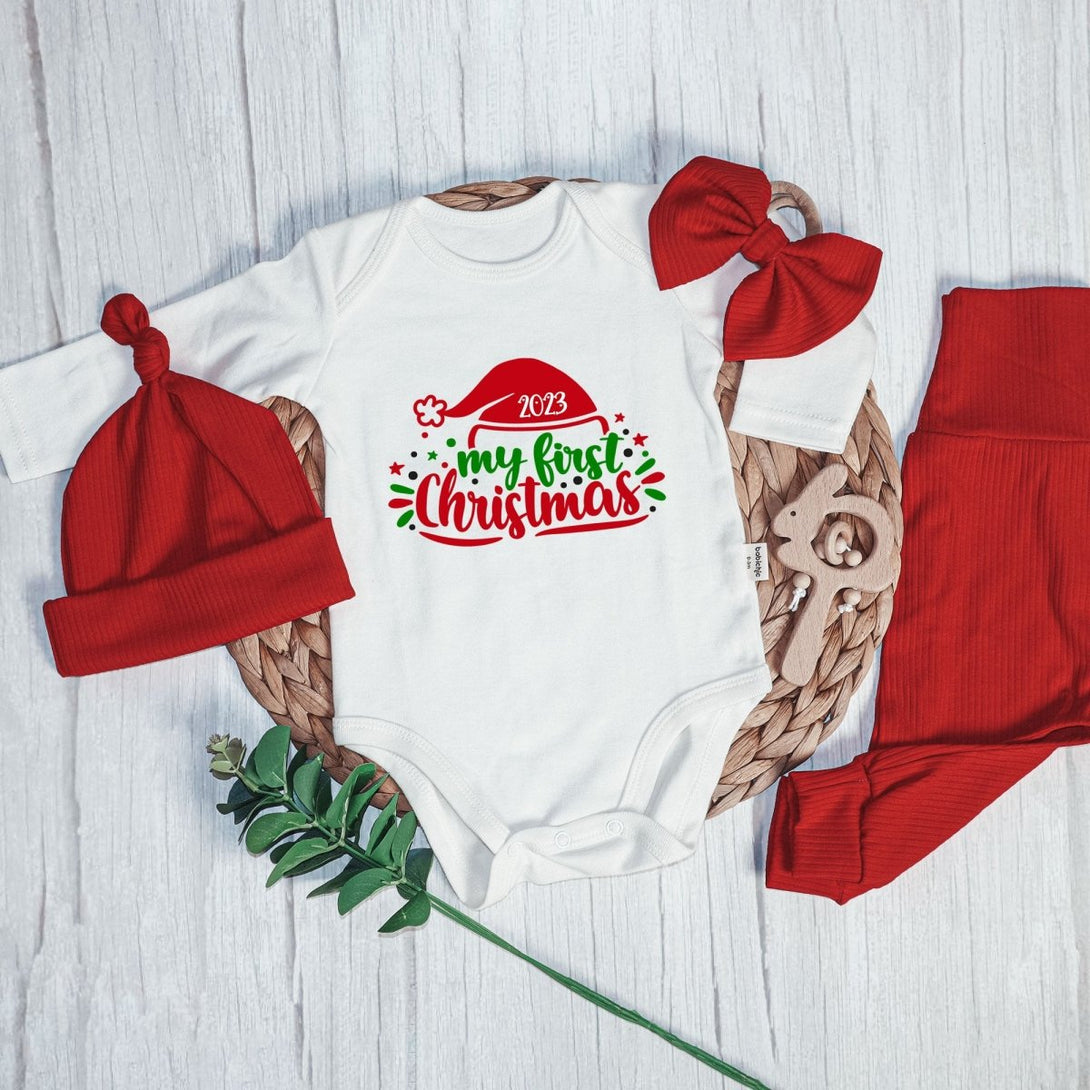 My First Christmas Neutral Baby Onesie and Long Pants Set | Cute Christmas Bodysuit | My First Baby Onesie - BabiChic