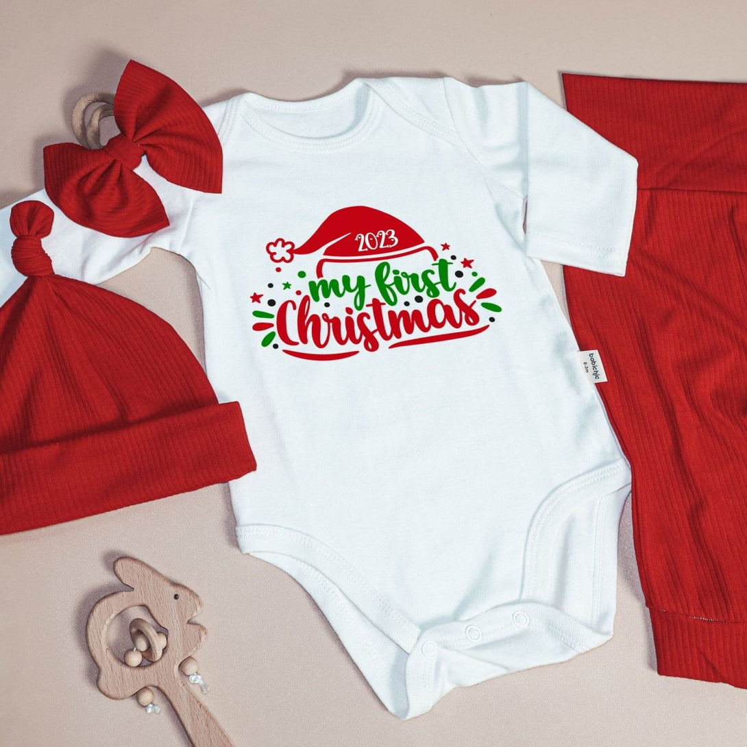 My First Christmas Neutral Baby Onesie and Long Pants Set | Cute Christmas Bodysuit | My First Baby Onesie - BabiChic