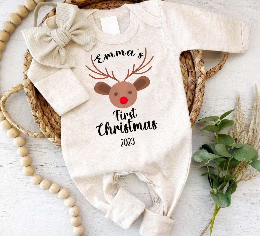 My First Christmas Outfit 2023 Personalized Baby Romper with Reindeer 1st Christmas Baby Onesie Clothes Must Have - BabiChic