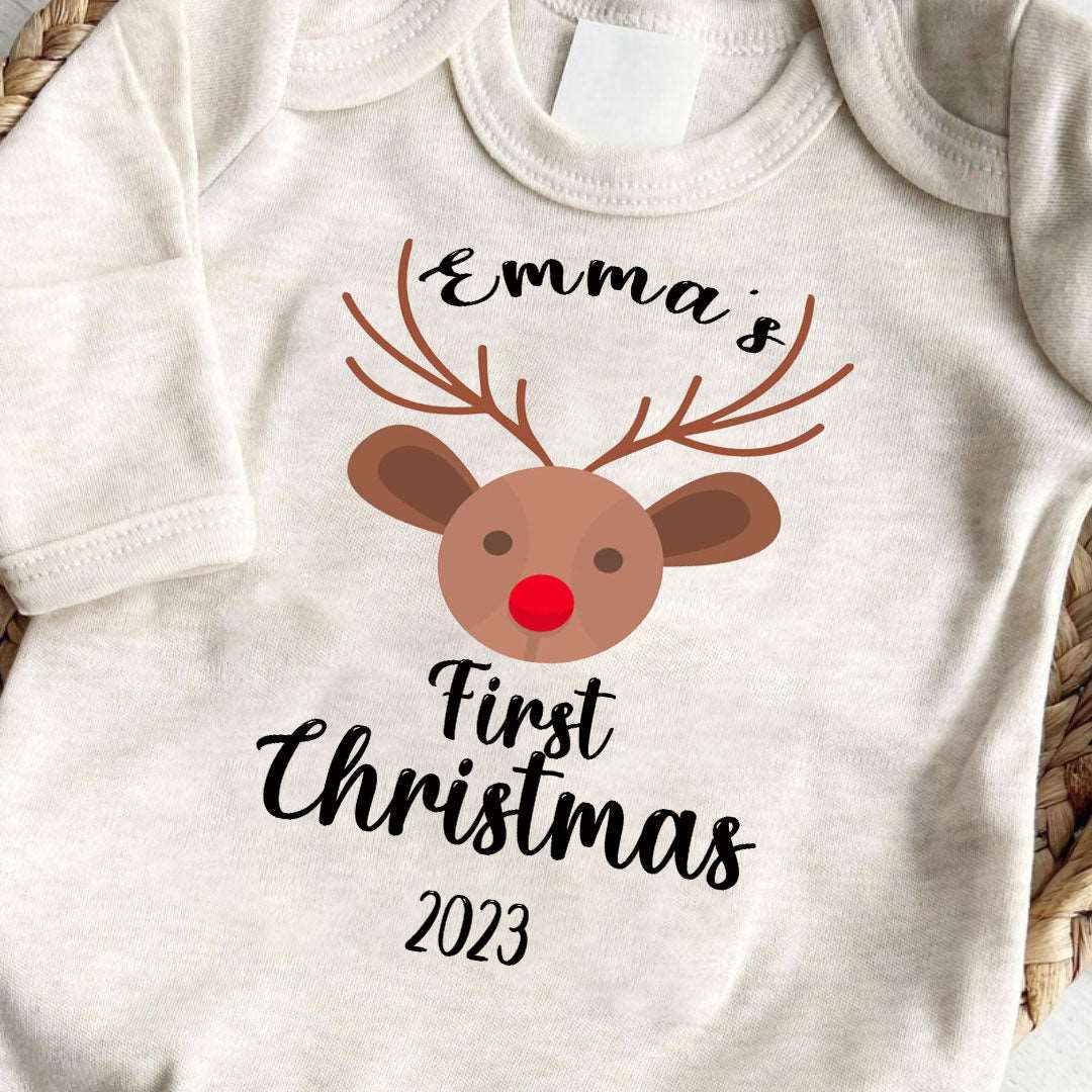 My First Christmas Outfit 2023 Personalized Baby Romper with Reindeer 1st Christmas Baby Onesie Clothes Must Have - BabiChic