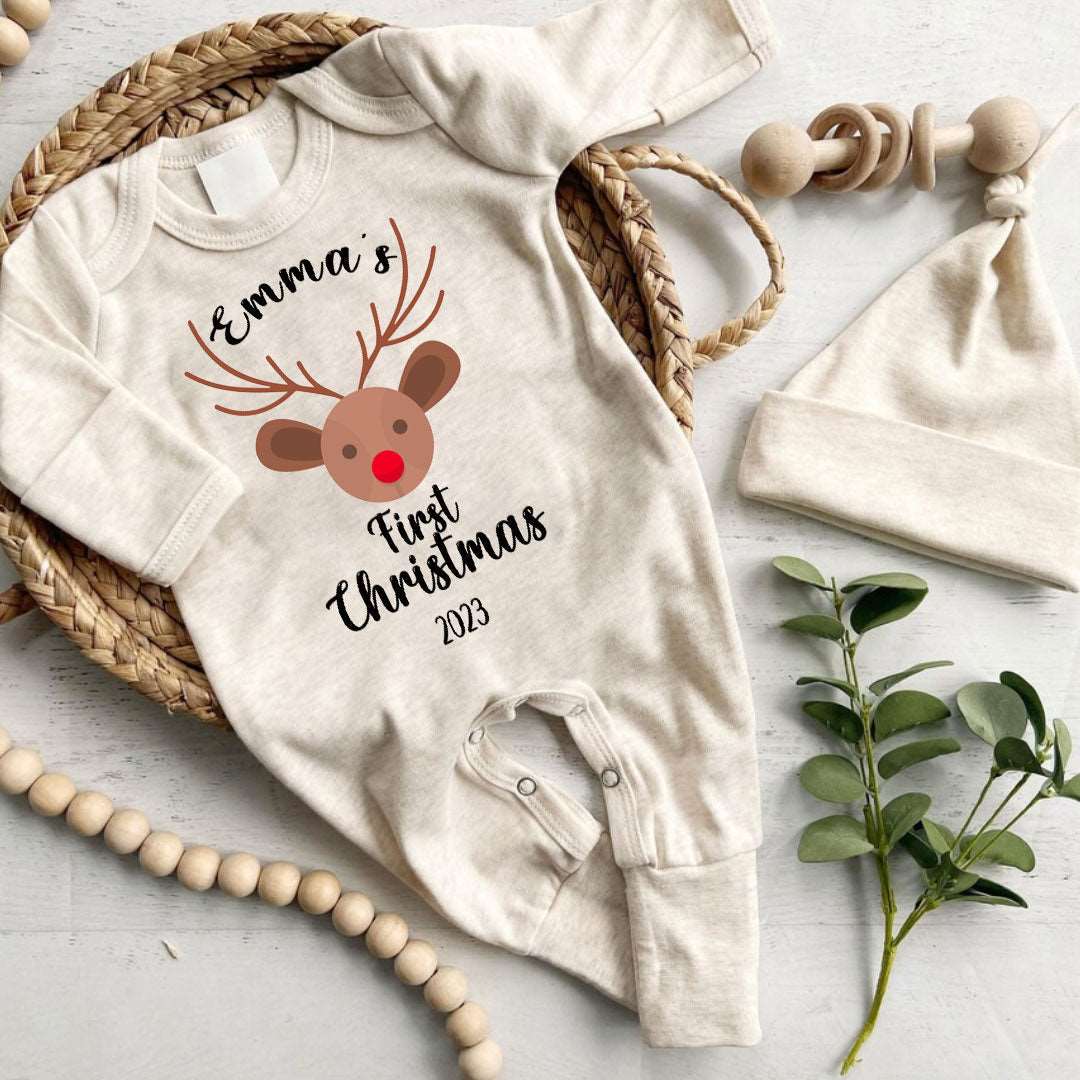 My First Christmas Outfit 2023 Personalized Baby Romper with Reindeer 1st Christmas Baby Onesie Clothes Must Have - BabiChic