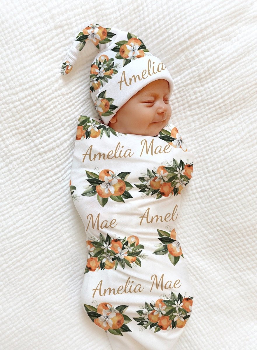 NAME PEACH SWADDLE Blanket Personalized Cutie Peach Baby Shower Gift Baby Newborn Girl Coming Home Outfit Take Home Hospital Photo Floral - BabiChic