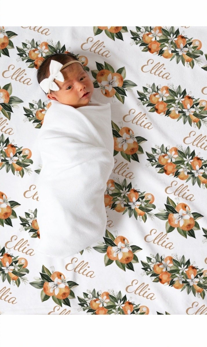 NAME PEACH SWADDLE Blanket Personalized Cutie Peach Baby Shower Gift Baby Newborn Girl Coming Home Outfit Take Home Hospital Photo Floral - BabiChic