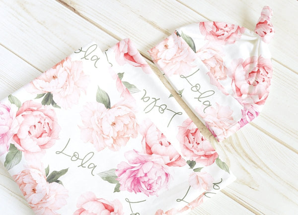 Peach Peony Blooms Personalized Swaddle Blanket - BabiChic