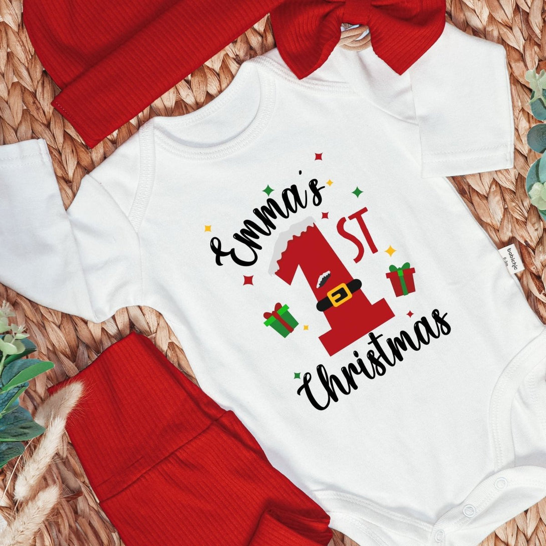 Personalised 1st Christmas Neutral Baby Onesie and Long Pants Set | Custom Name Santa Christmas Bodysuit | Newborn Christmas Onesie - BabiChic