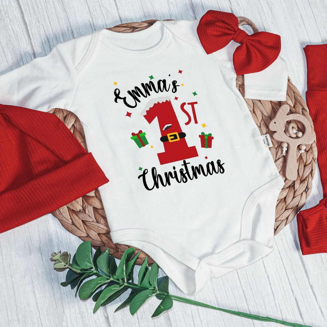 Personalised 1st Christmas Neutral Baby Onesie and Long Pants Set | Custom Name Santa Christmas Bodysuit | Newborn Christmas Onesie - BabiChic