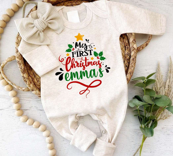 Personalised Christmas Neutral Baby Romper with Bow or Hat | Oatmeal Romper My 1st Christmas Tree Baby Name | Xmas Newborn Outfit - BabiChic