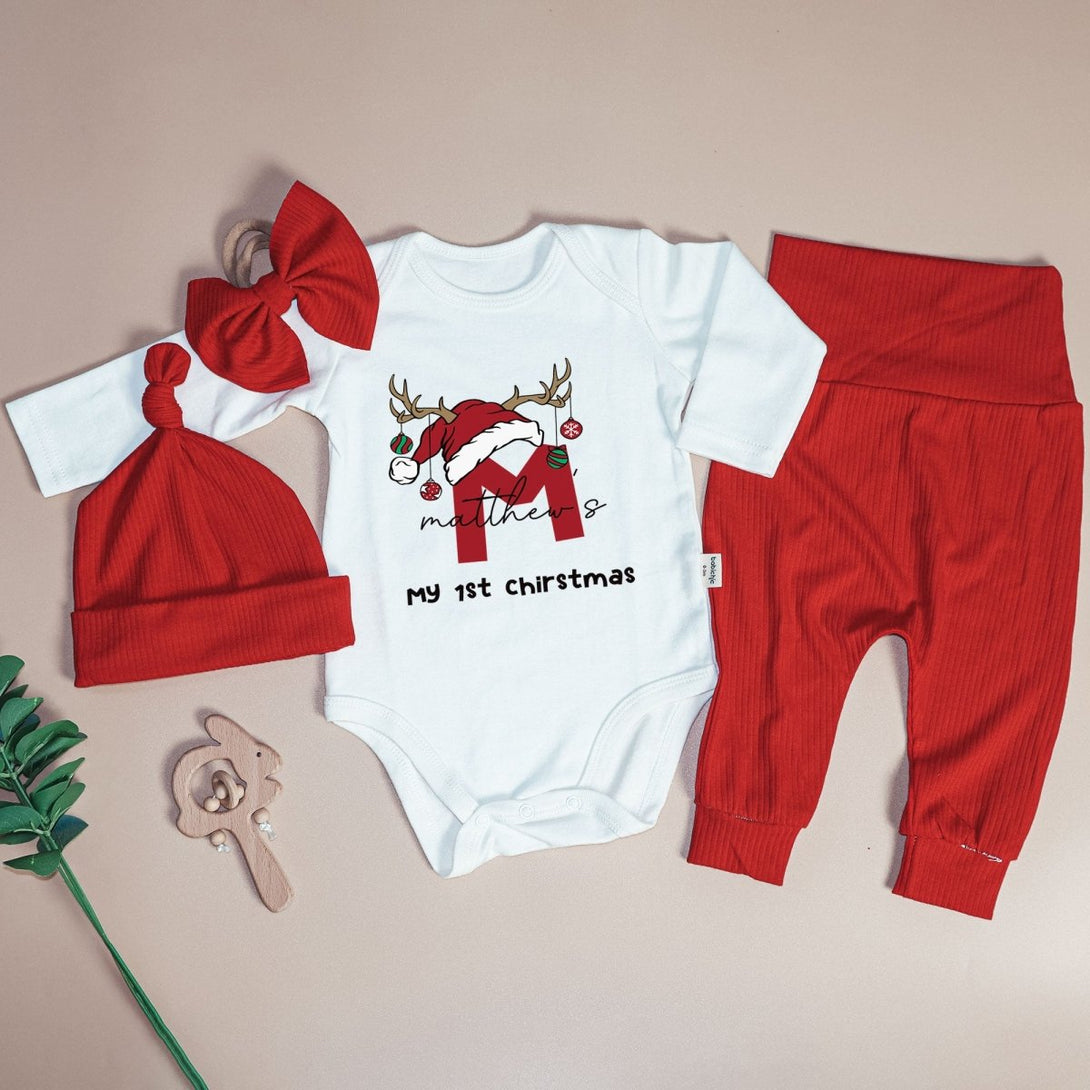 Personalised Letter Name Christmas Baby Onesie and Long Pants Set | Custom Monogram Alphabet Bodysuit - BabiChic