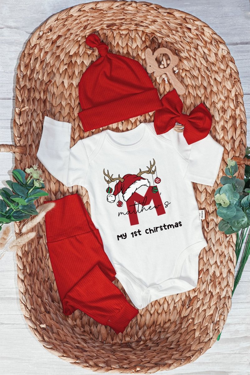 Personalised Letter Name Christmas Baby Onesie and Long Pants Set | Custom Monogram Alphabet Bodysuit - BabiChic