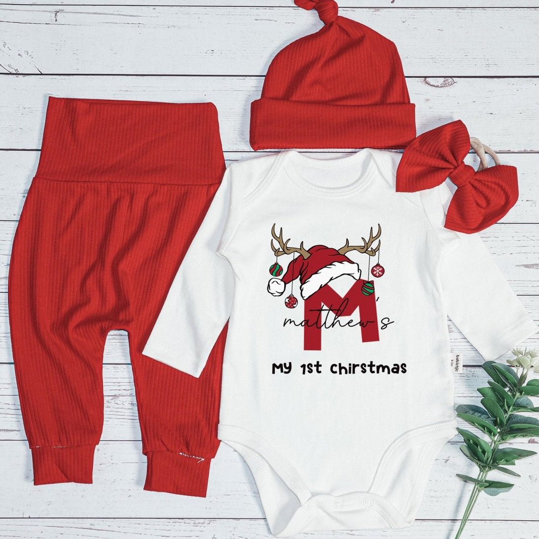 Personalised Letter Name Christmas Baby Onesie and Long Pants Set | Custom Monogram Alphabet Bodysuit - BabiChic