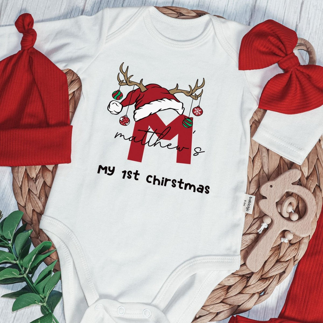 Personalised Letter Name Christmas Baby Onesie and Long Pants Set | Custom Monogram Alphabet Bodysuit - BabiChic