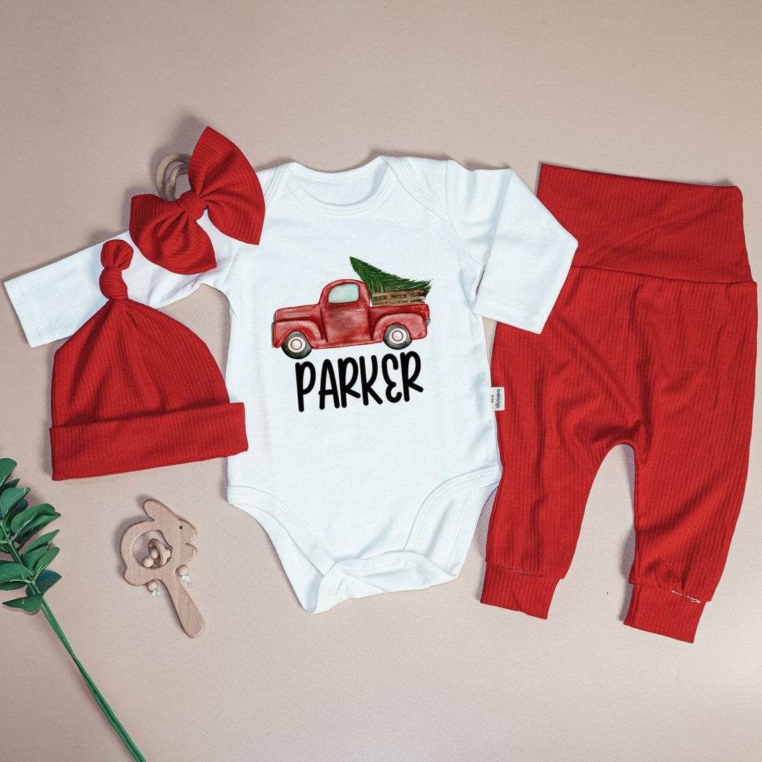 Personalised Red Truck Christmas Baby Boy Onesie and Long Pants | Cute Christmas Bodysuit | Infant Christmas Outfit - BabiChic