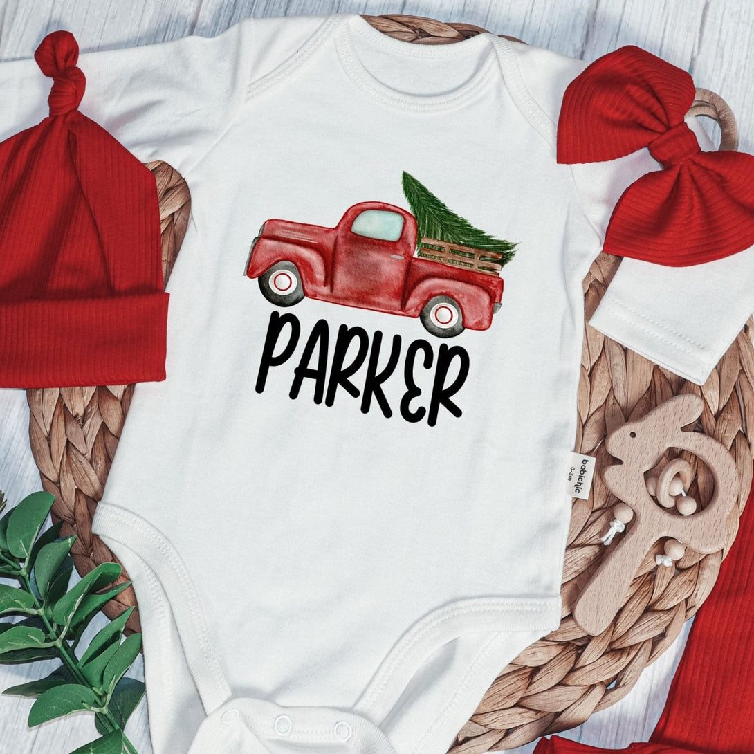 Personalised Red Truck Christmas Baby Boy Onesie and Long Pants | Cute Christmas Bodysuit | Infant Christmas Outfit - BabiChic