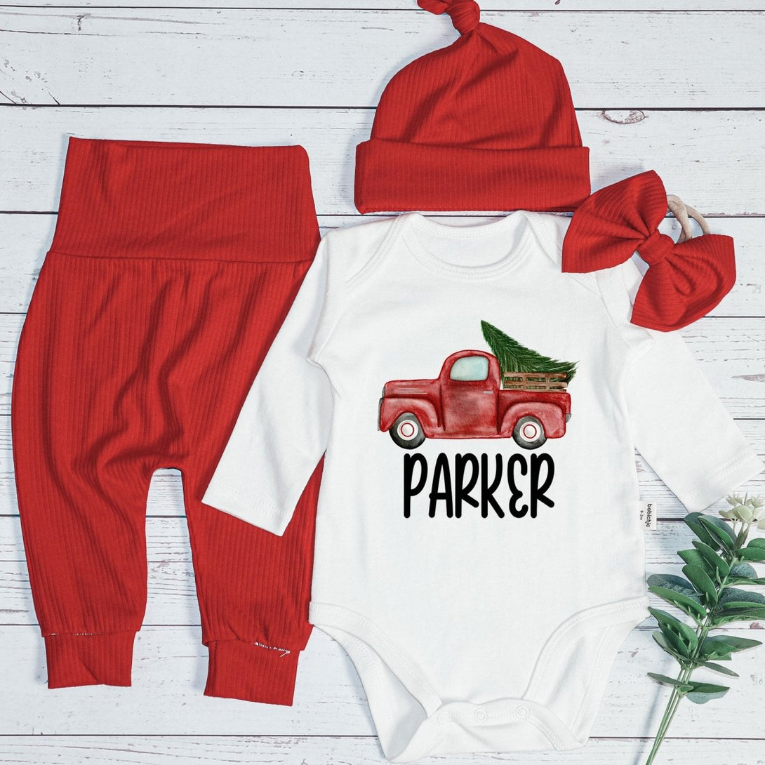 Personalised Red Truck Christmas Baby Boy Onesie and Long Pants | Cute Christmas Bodysuit | Infant Christmas Outfit - BabiChic